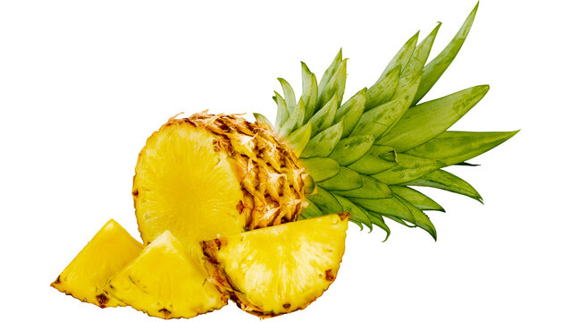 Fresh tropical pineapple fruit cut into slices and wedges on transparent background with pineapple tropical isolated background