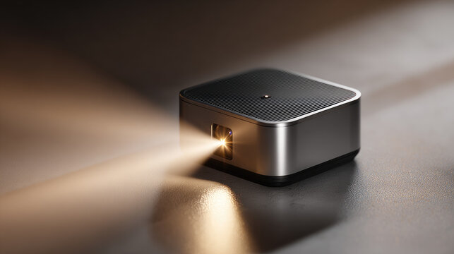 Modern compact mini projector device emitting a bright light beam, representing portable home entertainment, smart media technology, and convenience for sharing visual content
