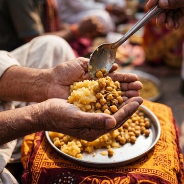 Devotee receiving holy prasad food in cupped hands during Indian festival