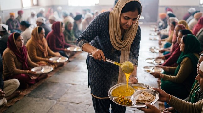 Indian woman serving hot dal meal in a Gurdwara community kitchen for Langar.
