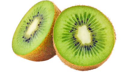 Fototapeta premium Two fresh ripe kiwi fruit halves showing green flesh and tiny seeds with tropical isolated background nutrition vegetarian