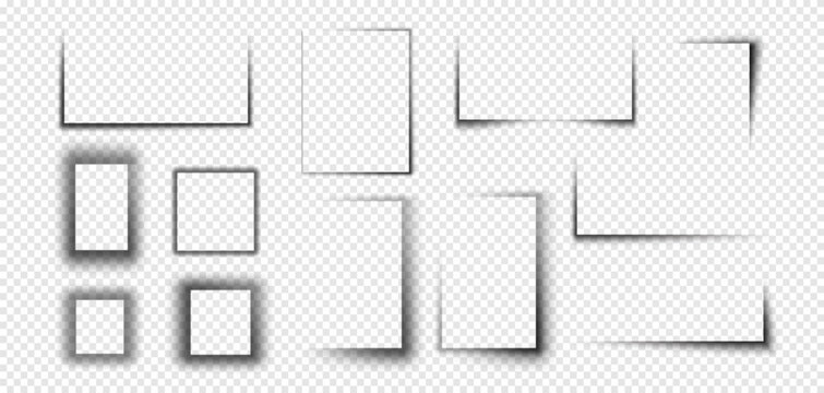Set of realistic soft square shadow and rectangular and shadow effect. Poster, flyer, business card, banner shadow collection. Vector shadows isolated on transparent background