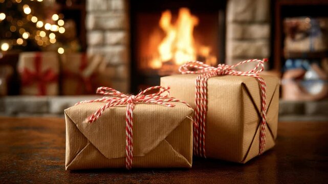 Cozy holiday scene featuring beautifully wrapped gifts sitting on a wooden table with a warm fireplace in the background creating an inviting atmosphere for celebrations