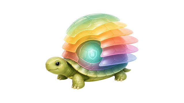Cute small turtle with a colorful rainbow shell walking in a cheerful artistic style, isolated on transparent background