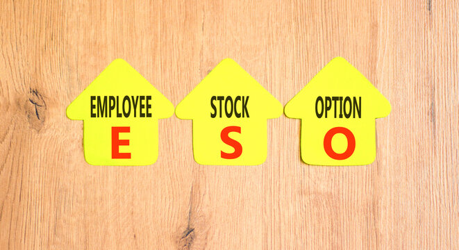 ESO employee stock option symbol. Concept words ESO employee stock option on beautiful yellow paper houses. Beautiful wooden background. Business ESO employee stock option concept. Copy space.