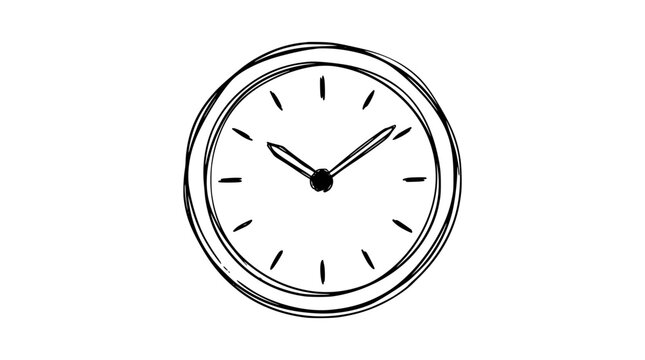 Hand drawn sketch of a round analog clock with hour and minute hands featuring messy ink lines and a creative doodle style on transparent background