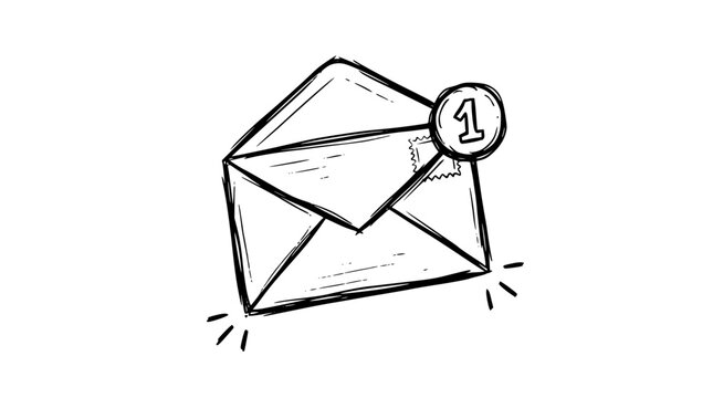 Hand drawn sketch of a single unread messages envelope icon featuring a notification badge with the number one rendered in black ink on transparent background
