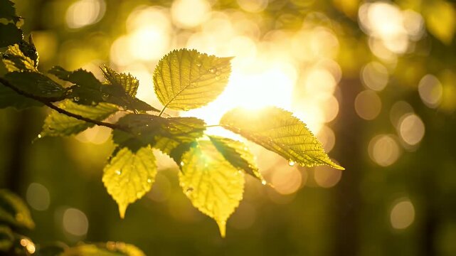 Sunlight Through Fresh Green Leaves with Bokeh - Close-up of fresh green leaves glistening with dew drops, back-lit by warm sunlight that creates a beautiful bokeh effect.