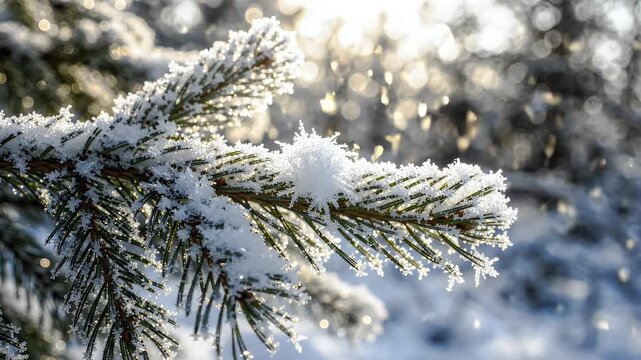 Frost Covered Pine Branch with Snow Crystals - A close-up shot focuses on a frost-covered pine branch, sparkling with intricate snow crystals against a soft, blurred background of winter forest.