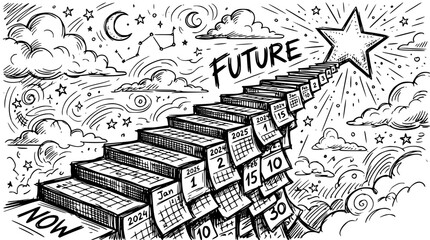 Obraz premium Hand drawn sketch illustration depicting a steep staircase made of various calendar pages leading upwards towards a bright glowing star representing the future success of a new year planning journey