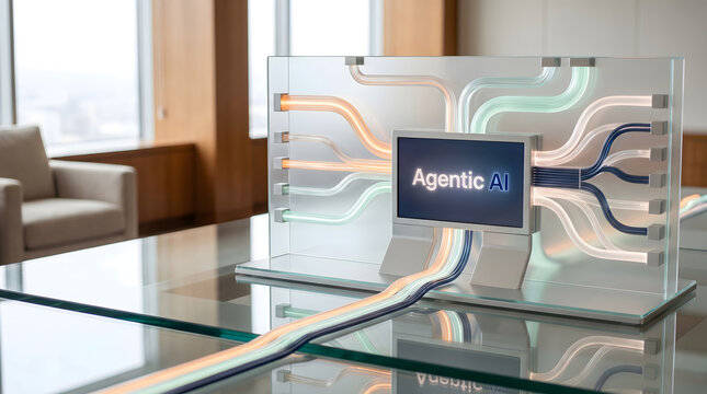 Abstract AI concept with glowing tubes and a central screen displaying "Agentic AI"