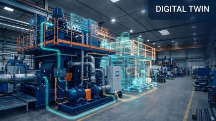 Fototapeta premium Digital twin technology overlaying a factory floor with industrial machinery and data visualizations