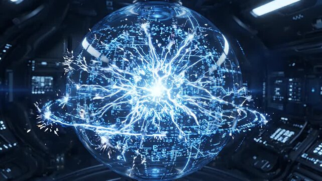 Futuristic Glowing Energy Sphere with Blue Particle Halo - A detailed spherical core glows brightly at the center, emitting electrical energy that arcs outwards within a transparent casing.