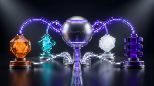 Futuristic Agentic AI processing unit with glowing tubes connecting colorful geometric containers