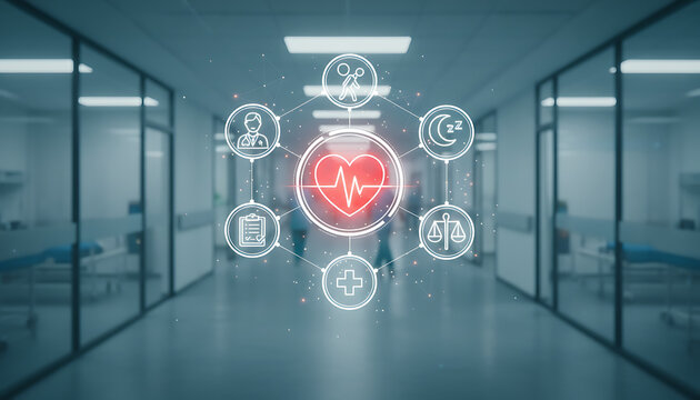 Healthcare Icons With Heartbeat Graphic In Hospital Corridor