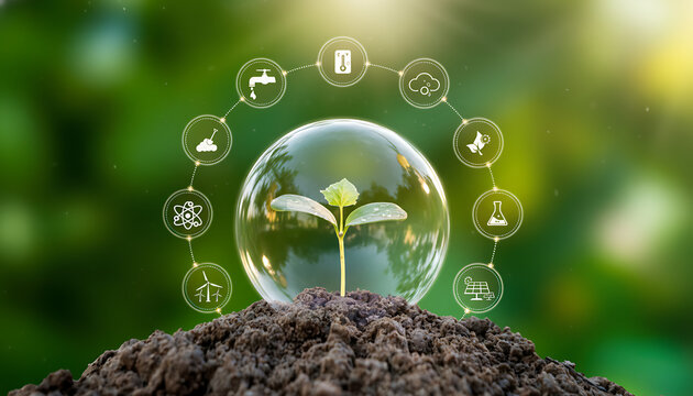 Young plant seedling inside a glass dome scenic environmental photo