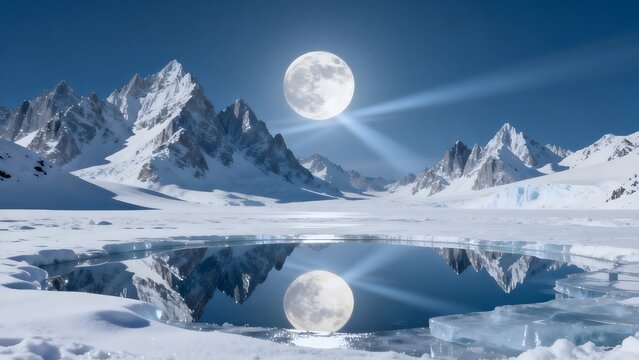 Snowy mountain landscape with moon reflection