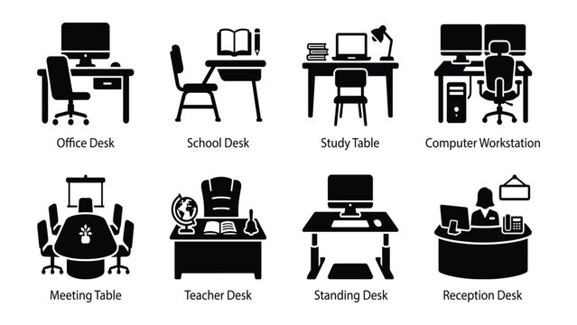 Workplace and education table glyph icons collection. Workspace interior furniture elements pictograms set with office desk, school classroom desk, teacher table, and conference table setup.