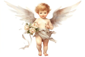 Naklejka premium Cherubic angel holding white roses