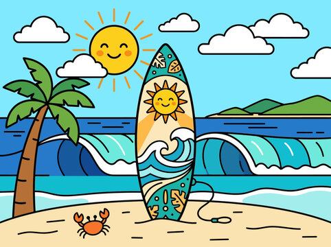 Colorful cartoon surfboard on beach.
