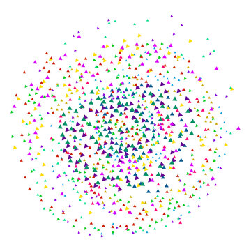 Multicolored tiny triangles scattered randomly in a circular pattern on white background for graphic design elements and backgrounds transparent background