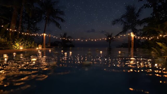 Romantic Infinity Pool with Floating Candles and String Lights at Sunset - An infinity pool is decorated with numerous floating candles and illuminated by warm string lights against a twilight sky.