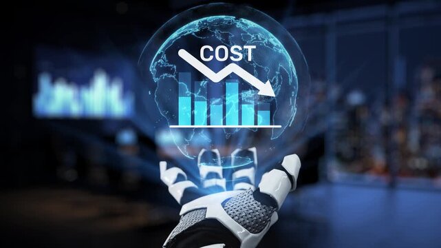 A robotic hand presents a cost reduction graphic featuring a downward trend arrow and data visualization, symbolizing progress and efficiency in business. Synapse