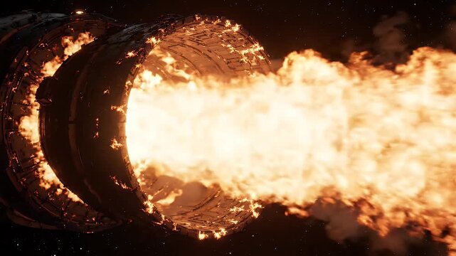 Spacecraft Engine Blasts Fire Into Deep Space - A dramatic close-up view of a spacecraft's engine nozzle expelling intense orange fire and exhaust.