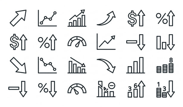 Increase and decrease line icon set with growth and decline vector symbols