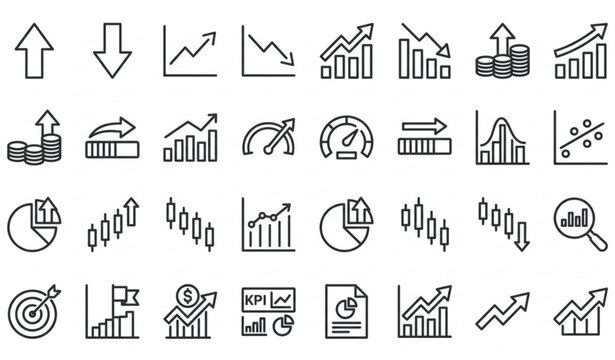 Minimal increase and decrease outline icon pack with business trend vector symbols
