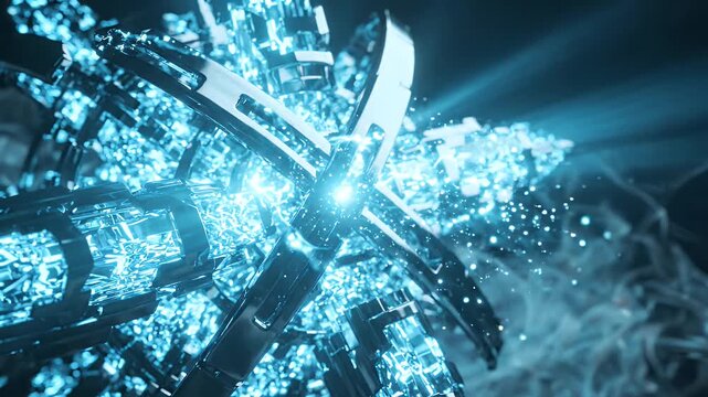 Intricate Glowing Sci-Fi Structure in Ethereal Mist - A detailed, glowing blue structure with intricate metallic components is suspended in ethereal, wispy mist.