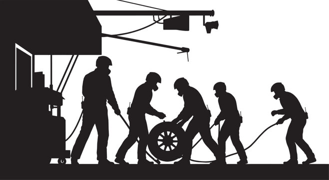 Silhouette of a pit crew team working on a race car tire change vector art
