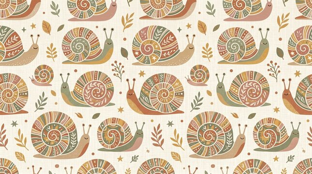 Cute Cartoon Snail Pattern Design With Leaves and Soft Pastel Colors