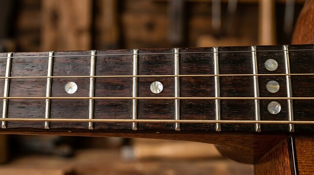 Close up of acoustic guitar fretboard with metal strings and inlays