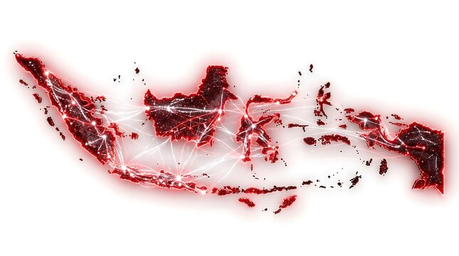 Red glowing digital network map of indonesia archipelago