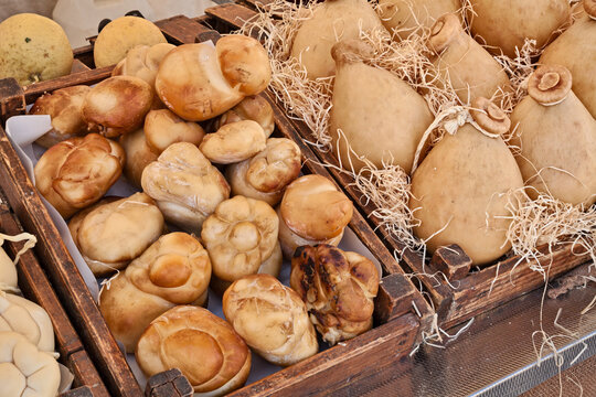 Scamorza and Caciocavallo, traditional artisan cheese of Southern Italy, on display in the Italian market