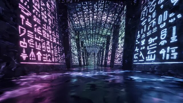 Neon Hieroglyph Corridor - A long, dark hallway adorned with ancient hieroglyphs illuminated by vibrant neon pink and blue light.