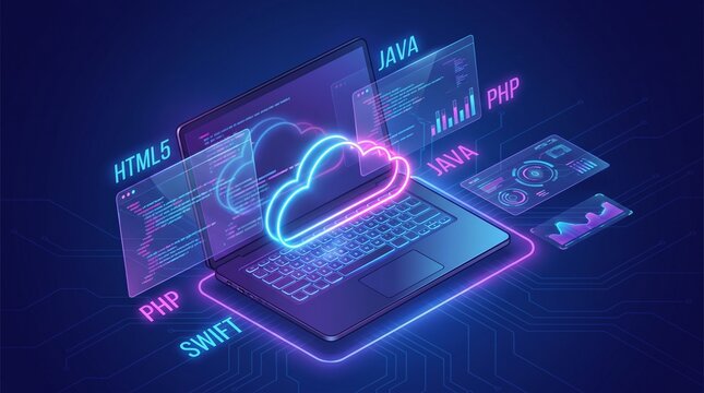 Neon cloud computing concept on laptop with coding languages