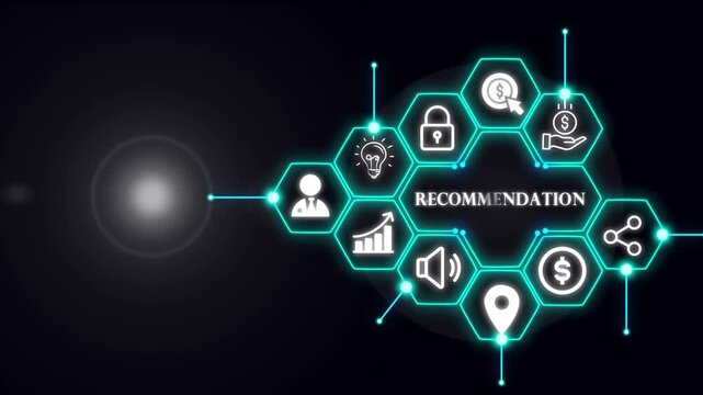 Recommendations and business solutions concept. Businessman interacting with a digital interface displaying various business icons, emphasizing recommendations and strategic planning.