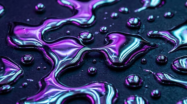 Neon liquid droplets reflecting purple and teal light on dark stone