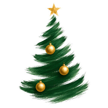 Abstract christmas tree with golden star and golden baubles painted with broad brush strokes on a clean white background simple design festive illustration.