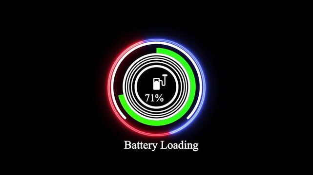 Futuristic battery loading indicator animation on black background, neon circular progress bar with battery charging status icon and counter 0 to 100 percent, digital UI overlay graphic element