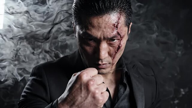 Menacing Man with Facial Scar and Smoke Background - A mid-adult man with a prominent facial scar and intense gaze stands amidst swirling black smoke.