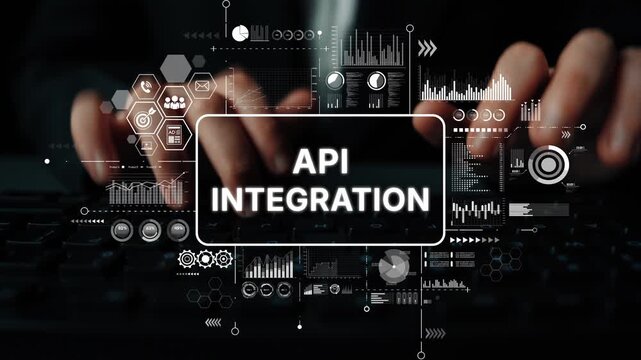 Hands Typing on Keyboard with Abstract Digital Data Overlays Representing API Integration and Technology Concepts. Asymptotic smart data analytic.