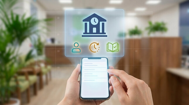 Hands holding a smartphone for online university enrollment and student portal management with digital school icons in a modern office setting.