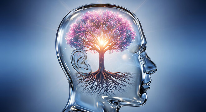 Tree growing inside transparent human head with blue gradient background transparent background