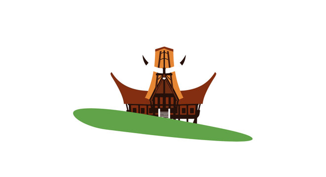 Traditional Indonesian House with Curved Roof on Green Hill