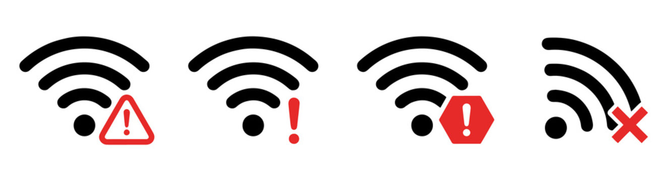 Wireless network signal connection status warning icons set with alerts internet connection technology wireless