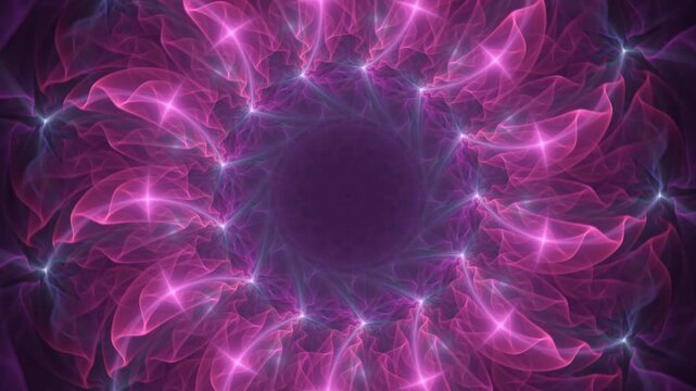 A glowing magenta fractal swirls around a dark void with fluid, pulsing waves. Starry nodes convey a mesmerizing visual message of hypnotic cosmic energy and infinite mystery.