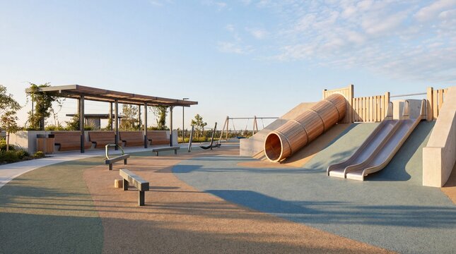Modern empty children playground with slides and swings in public park under clear sky